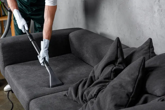 Technician cleaning a gray fabric sofa